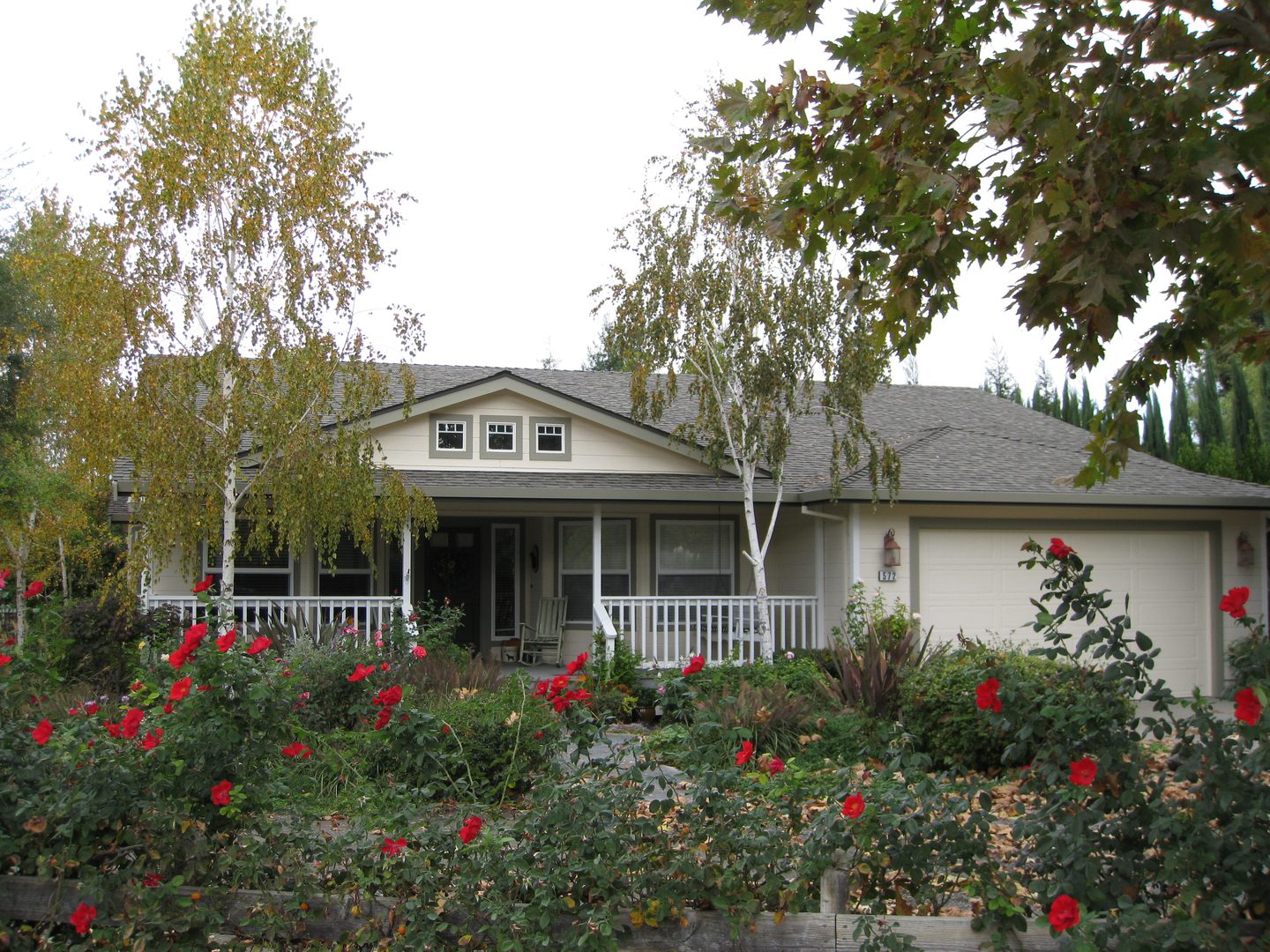 House with garden and red flowers