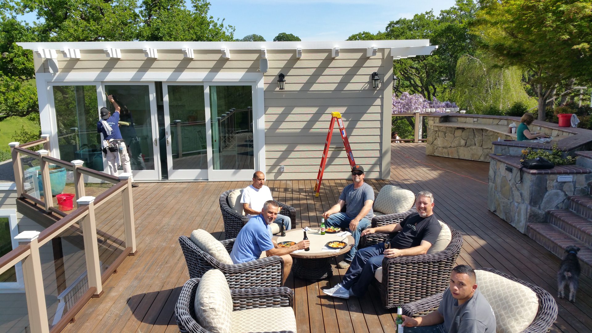 Group dining on a sunny patio