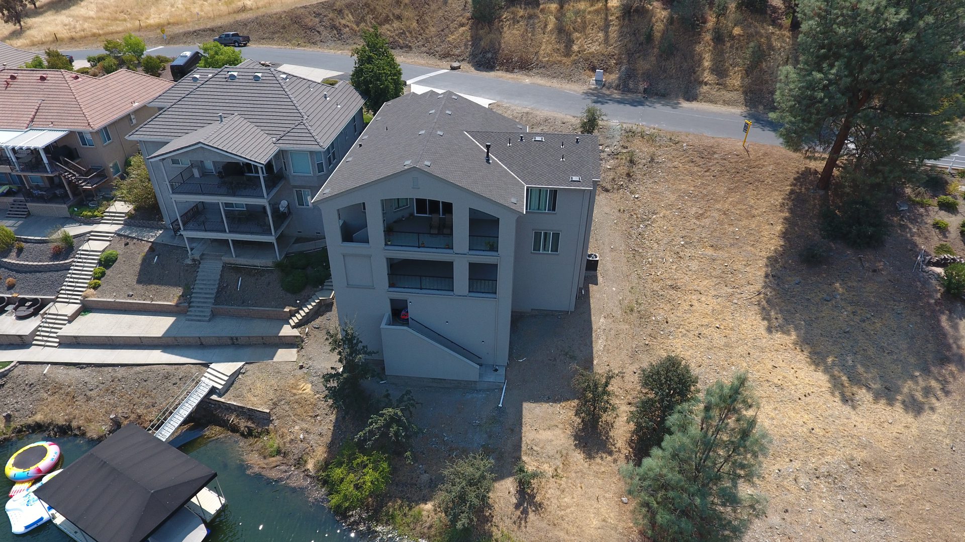 Aerial view of lakeside house