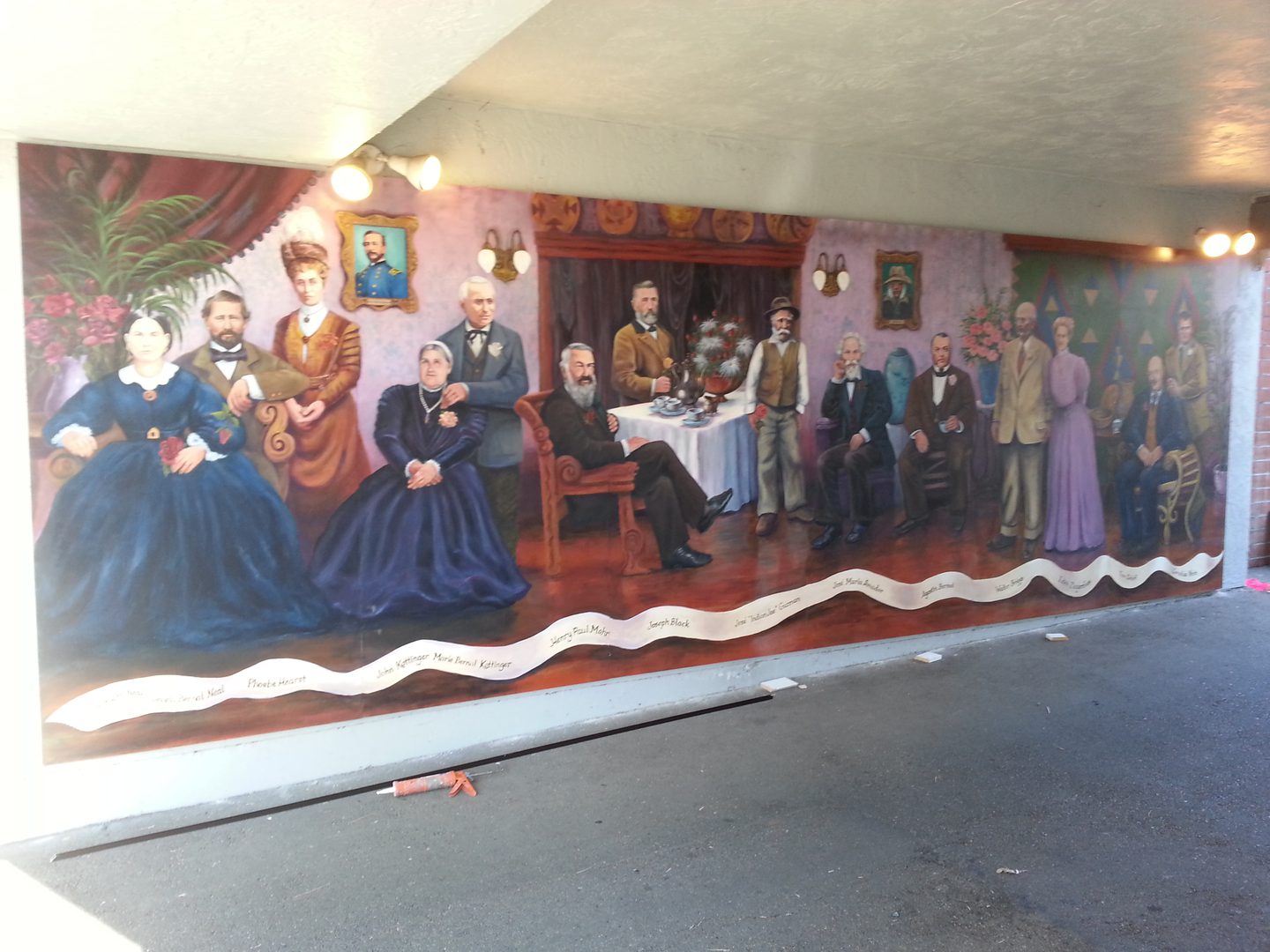 Colorful mural depicting people indoors