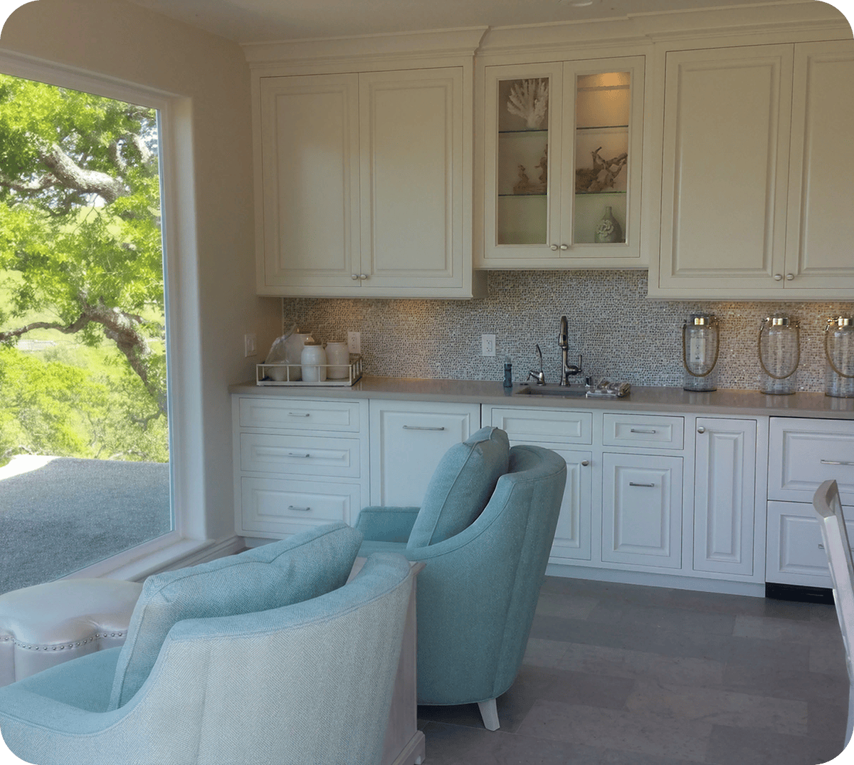 Modern kitchen with large window view