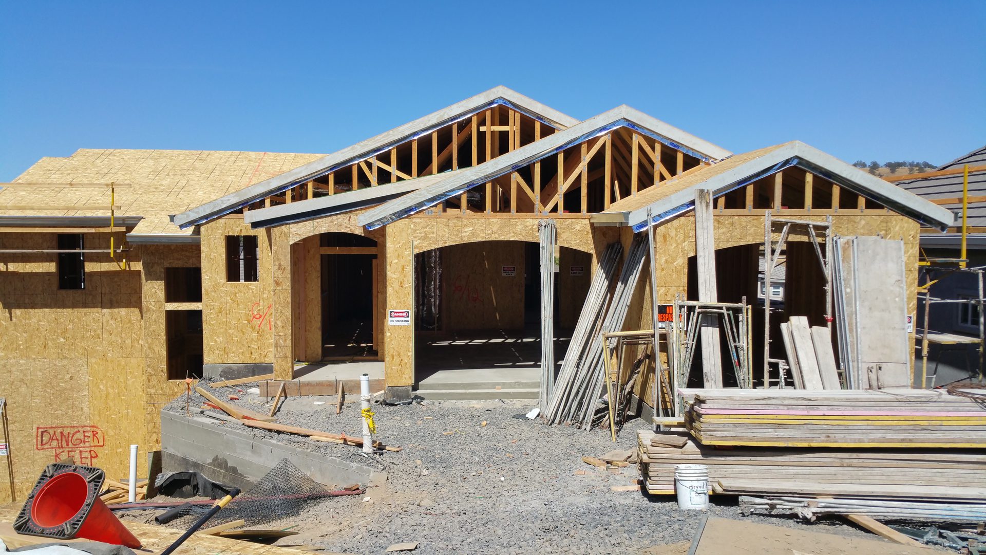 Residential construction with materials on site
