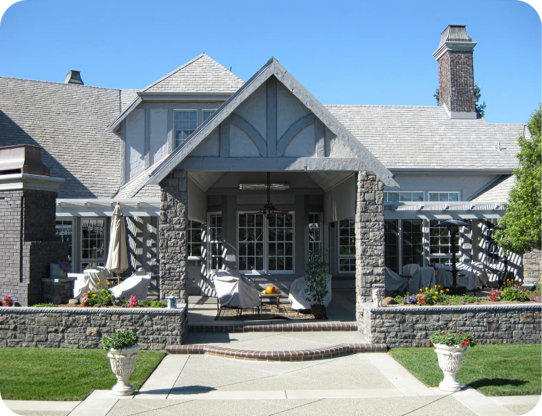 Elegant home exterior with lush garden