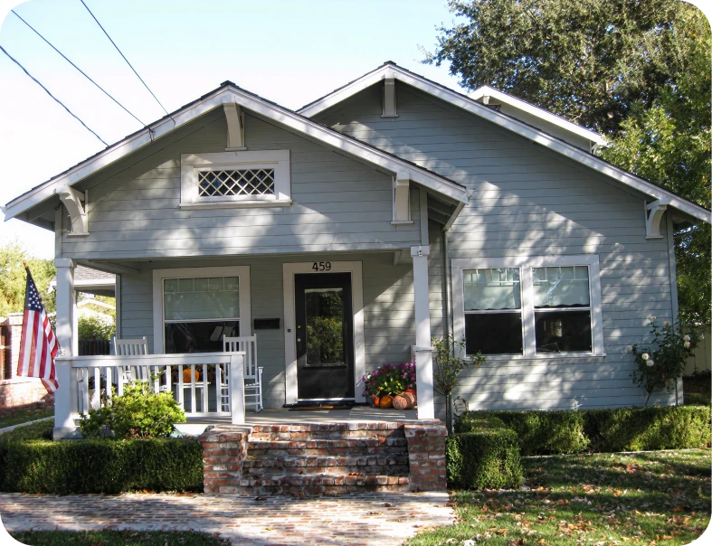 Gray bungalow with front porch