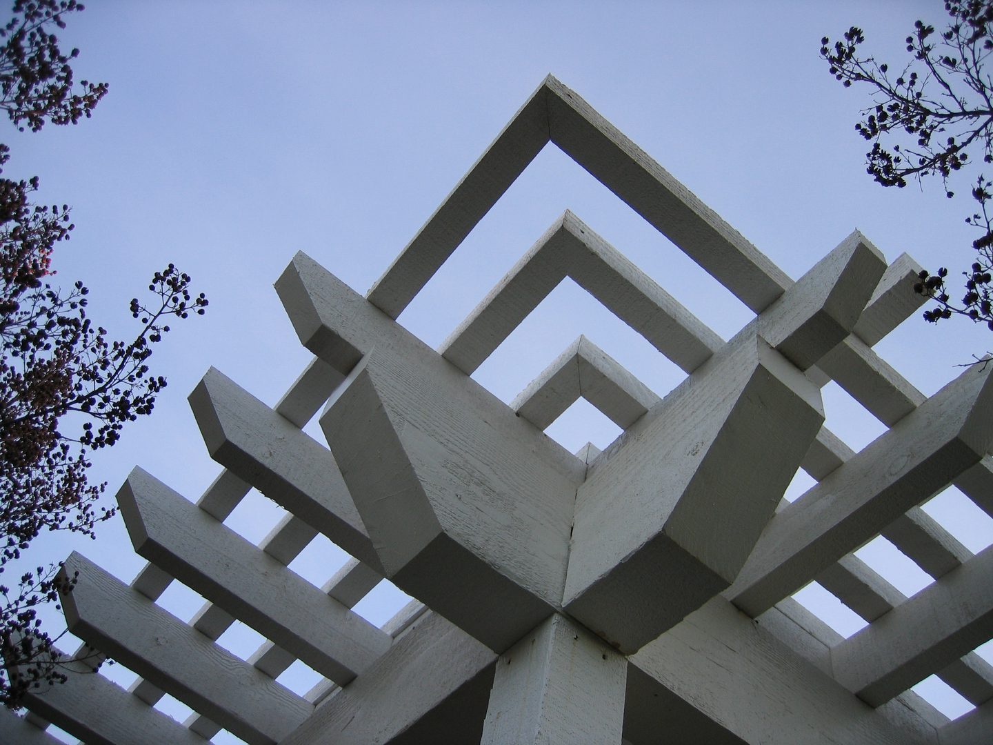 Modern art installation with intersecting beams